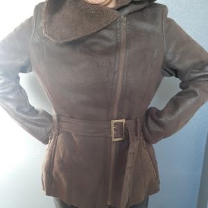 ATTENTION Brown Jacket sz Large Hooded Moto Warm COMFY